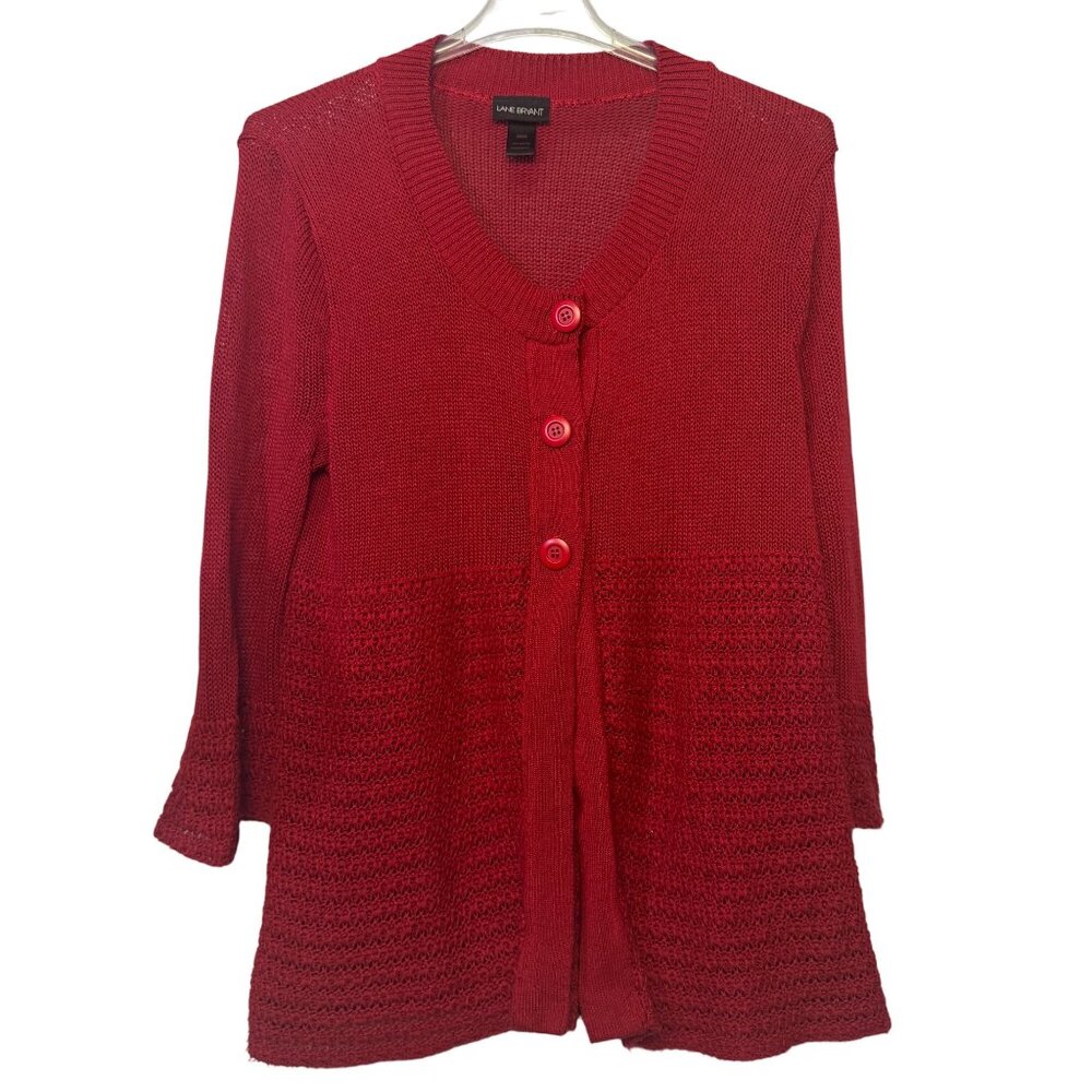 Lane Bryant Red Acrylic Knit Cardigan Sweater 22 24 Crochet Detail Button Front